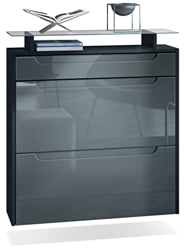 Vladon Schuhschrank Annie, Schuhkipper für 16 Paar Schuhe mit 2 Klappen, 1 Schublade und Glasablage, Schwarz matt/Grau Hochglanz, Griffmulden in Grau Hochglanz (89 x 95,5 x 23 cm)