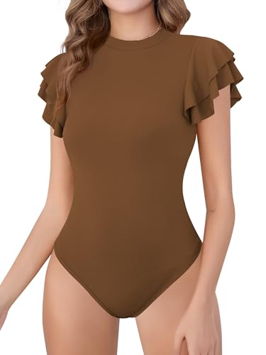 Body pour femme chic col montant haut en tricot à volants manches courtes mode élégante