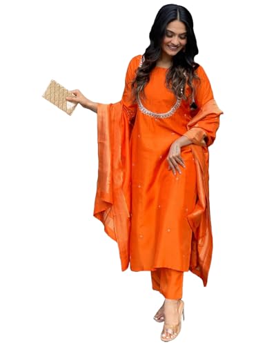 GoSriKi Women's Silk Blend Straight Embroidered Kurta with Pant & Dupatta
