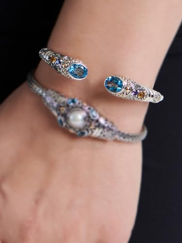 Image of DEVATA Sterling Silver 925 and 18K Gold with Gemstones Bali Filigree Cuff Bracelet