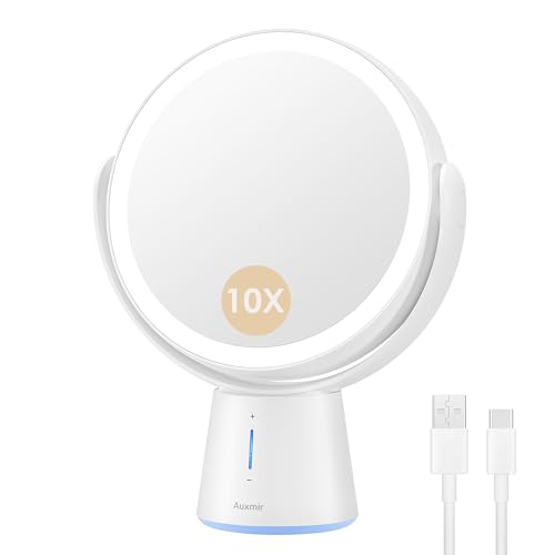 Auxmir Wiederaufladbar Kosmetikspiegel mit Beleuchtung, 1X/ 10X Doppelseitiger Tischspiegel, 2500mAh und 5 Dimmbar Helligkeit, Schminkspiegel mit 52 natürlichen LED Licht für Schlafzimmer Schminktisch