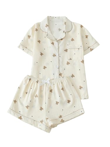 Image of BEAUDRM Women's Two Piece Pajama Sets Allover Print Short Sleeve Sleepwear Button Down Shirt and Bow Shorts Pj Set Loungewear