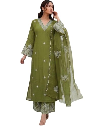 Image of SHIENZY Women's Embroidered Kurta Pant Set with Dupatta | Straight Kurta Set for Women | Ethnic Kurta Set for Women, Traditional Indian Kurta Pant Dupatta Set