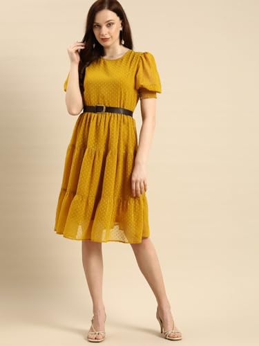Image of Amazon Brand - INKAST Women A-Line Midi Dress | Puff Sleeves | Perfect for Casual and Semi-Formal Occasions