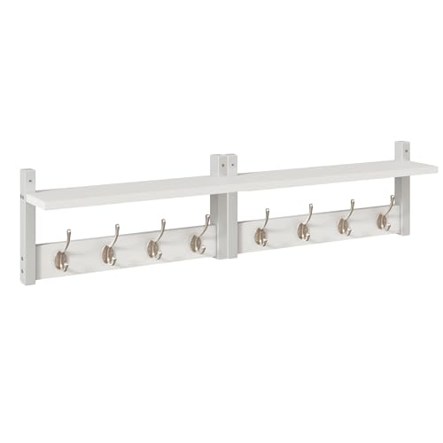 YMYNY Coat Rack Shelf Wall Mounted, Coat Hooks Set of 2, Entryway Coat Hanger with 4 Double Hooks, 31.5' Wall Floating Shelf with Hat Rack, for Kitchen, Bedroom, Bathroom, White UHWS001W-2