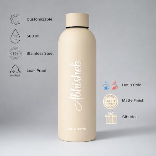 Image of AICA Personalized Name Stainless Steel Water Bottle -500ml - 12 Hrs Hot & 18hHs Cold (Cream) |Customised Gift For Man Woman Girl Boy