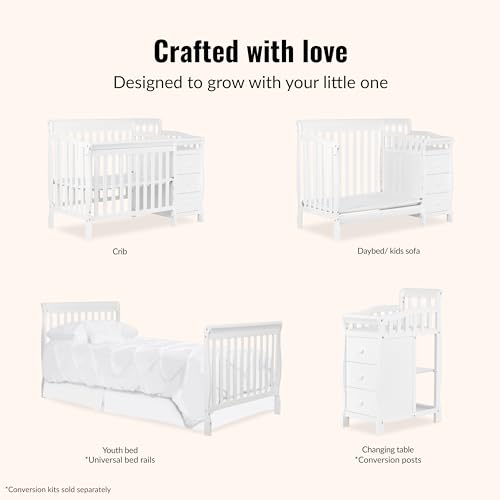 Dream On Me Jayden 4‑in‑1 Mini Convertible Baby Crib & Changer with Storage in White, Pinewood, GreenGuard Gold & JPMA, 1” Mattress Pad, 3 Mattress Heights, Converts to Mini Day & Twin-Size Bed