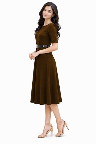 Image of Women's Elegant Midi Dress with Belt | Half Sleeve Fit & Flare Casual Dress | Knee Length Office Party Western Dress for Women
