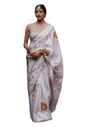 Image of Yashika Women's Organza Satin Butti Work With Zari Lace Border Embroidered Saree| Women Sari