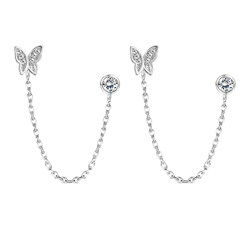 Finrezio Boucles D'oreilles Double Trou en Argent Sterling 925 pour Femme Boucles D'oreilles Papillon Double Piercing Minimaliste Pendantes Boucles D'oreilles Gland Chaîne Cartilage