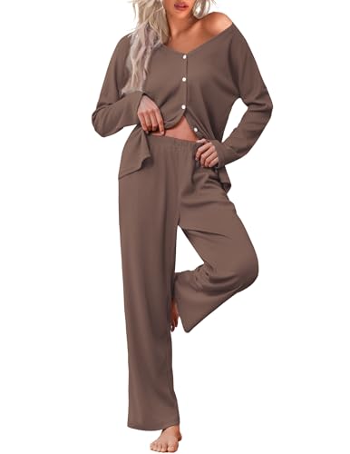 Ekouaer Womens Waffle Knit Pajamas Loungewear Two-piece Sleepwear Button-Down Pj Set with Pockets