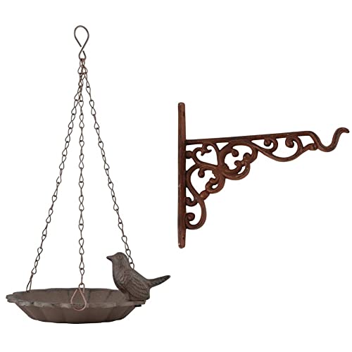 Fallen Fruits Ltd FB378 Hängende Badewanne (1 Vogel), Braun, 28,5 x 16 x 16 cm & Esschert Design Hängevorrichtung, Haken für Hanging Basket S, Rostbraun, 20.5x2.1x17.8 cm, BPH28