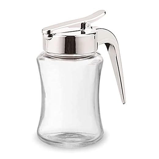 J&M Design Glass Syrup Dispenser Bottle for Maple Syrup, Honey Pot or Sugar Jar W/Handle Shaker For Pancakes, Coffee, Cereal Bowl, Tea Pour Spout Lid Easy Spoon Measure 7.5oz Container Holder