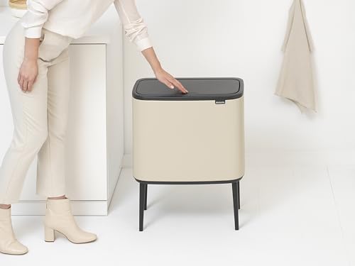 Image of Brabantia Bo Touch Top Kitchen Trash Can with Three Compartments & Raised Legs | Soft Beige | 3 x 3 Gal Inner Buckets | Soft-Close Garbage Can, Stay-Open Lid | Fits Against Wall | + Trash Bags
