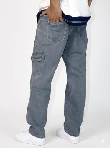 Image of Men's Grey Cargo Denim Jeans, 6 Pocket Straight Fit, Casual Wear