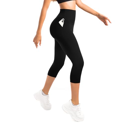 Sanpetix Cropped Leggings for Women UK High Waisted 3/4 Leggings with Pockets for Workout Running Gym Yoga Black 1 Pack XXL