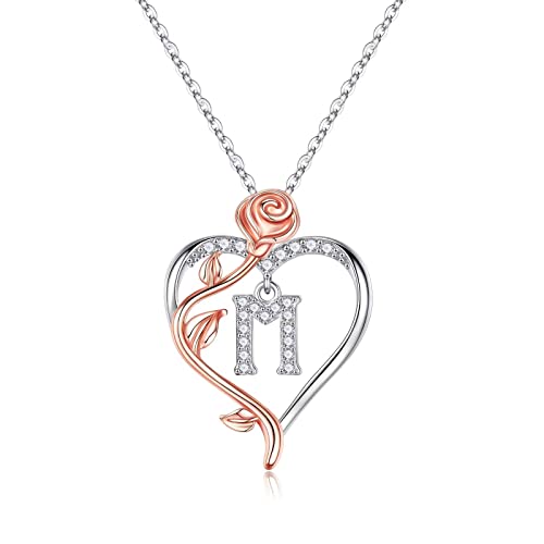 Yesteel Rose Heart Initial Necklaces Gifts for Women Teen Girls, Rose Love Heart Letter Pendant Necklace Jewelry Mothers Day Valentines Anniversary Birthday Gifts for Her Women Wife Girlfriend