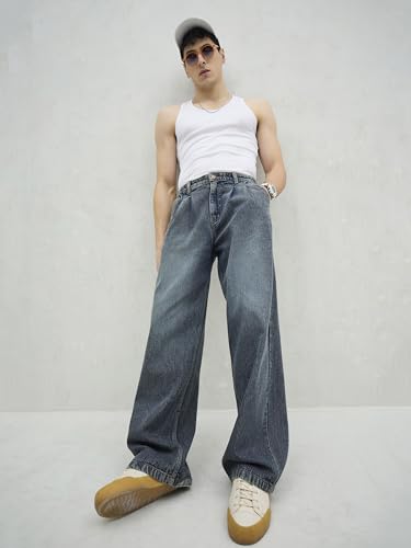 Image of MASCLN SASSAFRAS Blue Washed Front Dart Wide Leg Jeans