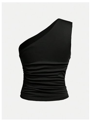 Milumia Girl's Ruched One Shoulder Tank Top Sleeveless Slim Fitted Casual Tops2