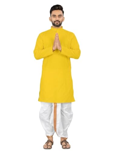Image of UNIQUE MOMENTS Men's Cotton Dhoti Kurta Set with Full Sleeves Solid Pattern Modern Style and Mandarin Collar Neck | Perfect for Puja & Celebrations