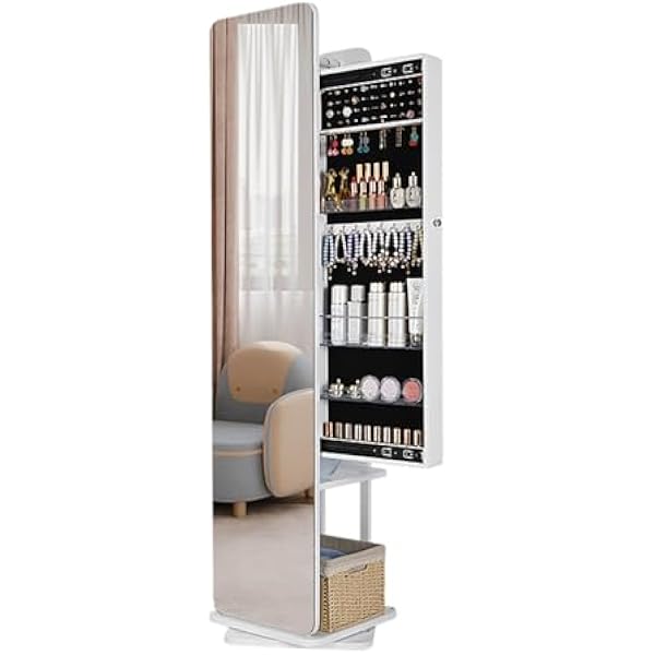 Szafka na biżuterię z lustrem o pełnej długości, obrotową o 360°, wysuwanym wieszakiem na ubrania i półkami – eleganckie rozwiązanie do organizacji sypialni i salonu, wykończenie w kolorze białym