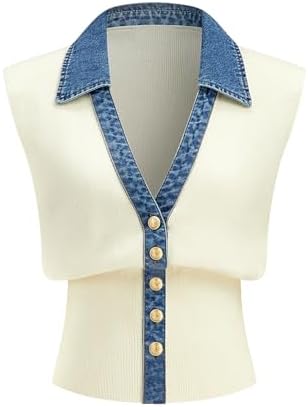 Womens Denim Trim Sweater Vest Sleeveless V Collar Crop Tank Top ...