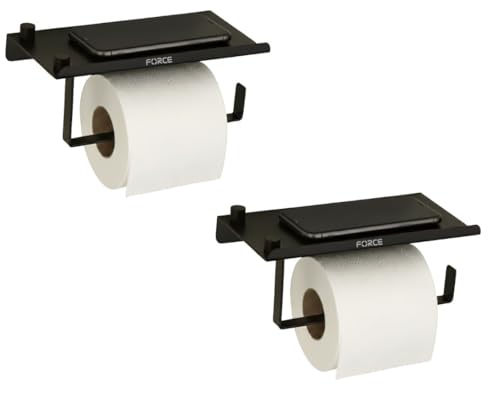 Image of Force Toilet Paper Holder with Shelf - Pack of 2 - Wall Mounted Rustproof Stainless Steel Bathroom Tissue Roll Dispenser with Raised Edge Shelf - Matte Finish - Space-Saving Modern Design (Black)