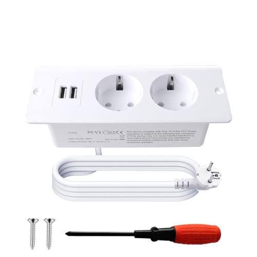 BouGPeng Enchufe de Mesa Empotrable con USB Toma de Empotrar de Sobremesa Toma de Corriente Integradade 2 Vías Toma Múltiple con Cable de 1,5m para Muebles o Superficies de Trabajo-Blanco