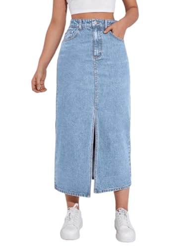 Image of Aahwan Women's & Girl's Black Solid High Waist Slit Below The Knee Denim Skirt