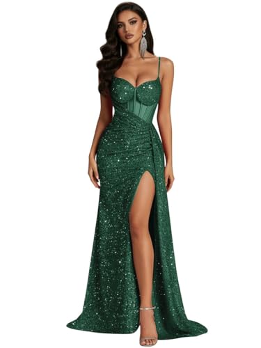 XONHS Mermaid Emerald Green Prom Dresses for Women Spaghetti Straps Sequin Dress Split Backless Formal Evening Gowns US4