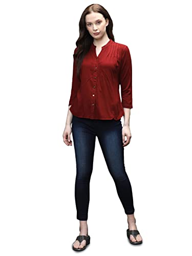 Image of Identiti Women Maroon Three Quarter Sleeves Solid Slim Fit PureViscose Casual Top for Women 551-8091N-44 P