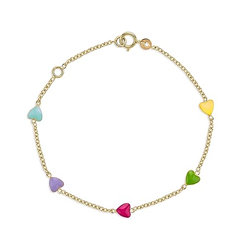 UNICORNJ 14k Yellow Gold Enamel Mini Heart Bracelet Vertical Stacked 5 Heart Station for Girls Kids Babies Made in Italy 5.25