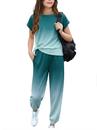 Image of Arshiner Girls Clothes 2 Piece Summer Outfits Drop Shoulder Top Pullover Sweatpants Jogger Set Sweatsuits Tracksuits 6-14Y