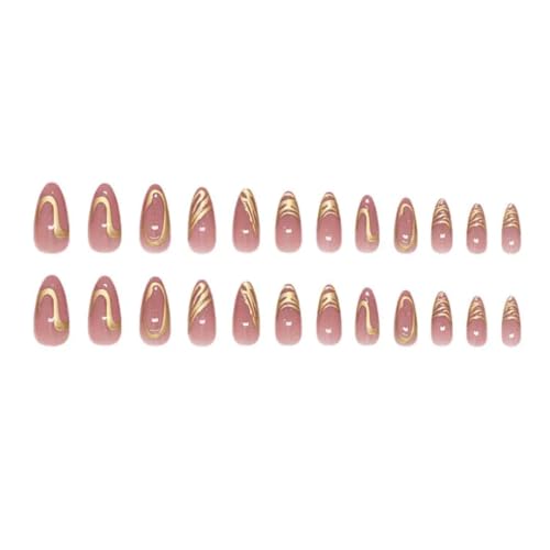 Image of Gold Chrome Press On Nails Almond Shape | Glossy Nude False Nails with 3D Metallic Swirl Design | Press On Nails Kit for Women And Girls Fake Nail Extension | Reusable Nail Extension For Women With Glue Tab | Long Lasting Glossy Finish Artificial Nails | Easy to Apply Fake Nails for Salon Look at Home | Stick-On Manicure Kit For Parties, Weddings And Gifts | Trendy Nail Art Set for All Occasions (Peach-GoldSwirl)