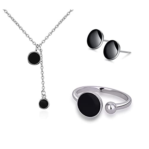 Parure bijoux argent sterling boucles d'oreilles bague rond noir cadeau femme tendance