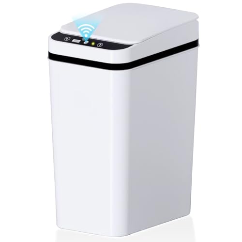 Image of jinligogo Bathroom Small Trash Can with Lid, 2.6 Gallon Touchless Automatic Garbage Can Slim Waterproof Motion Sensor Smart Trash Bin for Bedroom, Office, Living Room-White