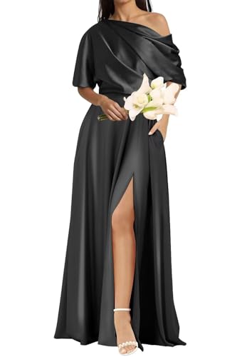 Satin Bridesmaid Dresses Long One Shoulder Mother of The Bride Dresses for Women with Sleeves NA109