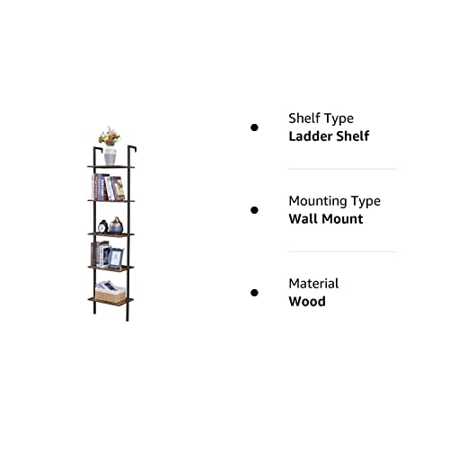 Tajsoon Industrial Bookcase, Ladder Shelf, 5-Tier Wood Wall Mounted Bookshelf With Stable Metal Frame, Open Display Rack, Storage Shelves For Bedroom,Home Office,Collection,Plant Flower, Rustic Brown #TOP7