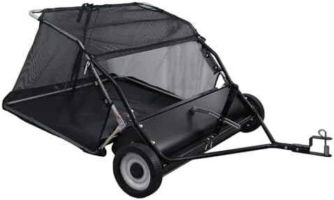 ​44-Inch Tow Behind Lawn Sweeper - Heavy Duty Adjustable Height & 25Cu Ft Hopper Universal Tractor Attachment for Leaves Grass Debris with Dump Rope & Rubber Wheels​​ Black 44