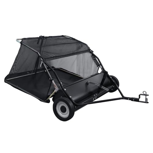 44-Inch Tow Behind Lawn Sweeper - Heavy Duty Adjustable Height & 25Cu Ft Hopper Universal Tractor Attachment for Leaves Grass Debris with Dump Rope & Rubber Wheels Black 44