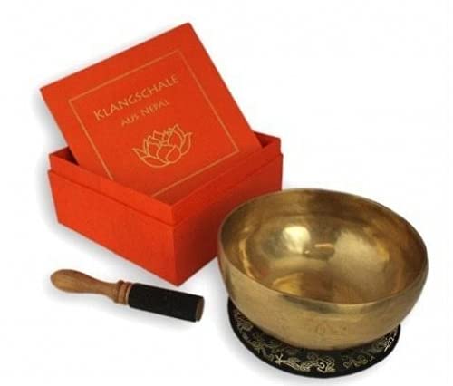 Klangschale in terracotta Geschenkbox L mit Lotus-Aufdruck und Zubehoer: Traditionell gefertigte Klangschale in Geschenkbox mit 