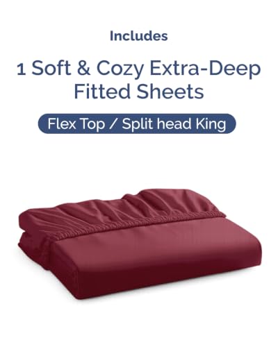 Image of Extra Deep Flex Top Split Head King Fitted Sheet - Hotel Luxury Single Fitted Sheet Only - Easily Fits 18 inch to 24 inch Mattress - Ultra Soft, Wrinkle Free w /Extra Deep Pockets - Burgundy