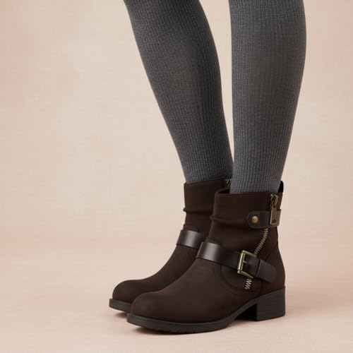 Image of Dunes Max Motorcycle Womens Ankle Boots - Comfortable Booties for Women with Zipper & Buckle, Combat Boots Style, Memory Foam, Wide Width Options