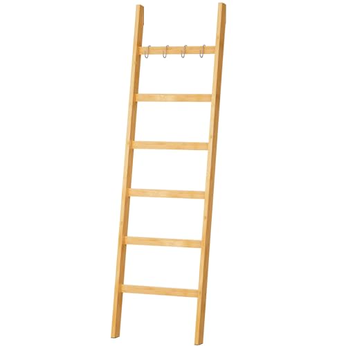 Yorbay Handtuchleiter Bambus, 6 Sprossen, Kleiderleiter mit 2 Sturzsicherheitsriemen und 4 Haken, Handtuchhalter Leiter für Dekoratives Badezimmer, Leiter Deko HxB 170 x 43 cm (Bambus)