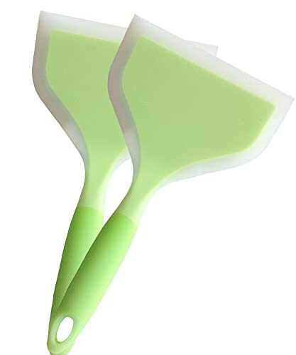 Minchsrin 2 Pack Of Silicone Spatula Set For Nonstick Cookware Flat Wide Pancake Spatula Food Turner Heat Resistant Kitchen Omlet Flipper For Egg Tamales Pizza (Green)