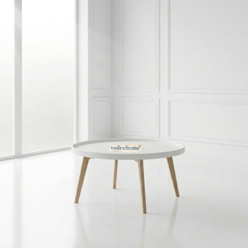 Image of Mango Solid Wood Coffee Table - Round Centre Table with- Mango Ideal Tea Table for Living Rooms C#045 (White Deco and Natural)