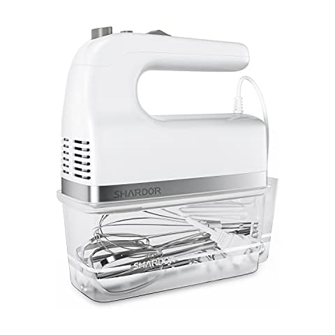 SHARDOR Hand Mixer, 350W Handheld Mixer with Storage Case 5-Speed Plus Turbo Hand Mixer Electric With 5 Stainless Steel Attachments(2 Beaters, 2 Dough Hooks and 1 Whisk), White Cover