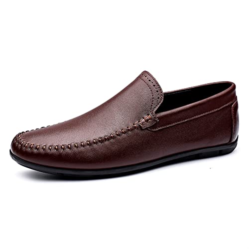 Loafers for Men Cowhide Stitching Details Round Toe Anti-Slip Flexible Lightweight Classic Party Slip On(Brown,10 M US)2