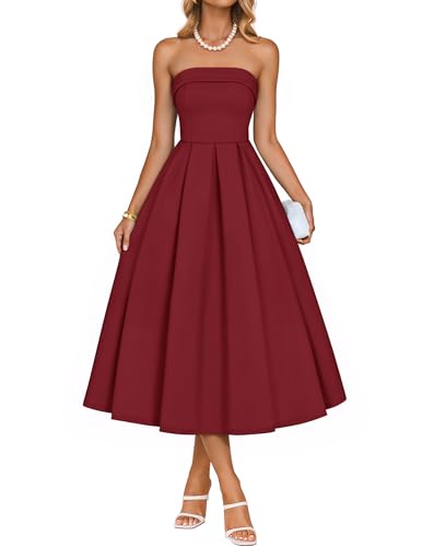 ZESICA Women's Summer Strapless Cocktail Dresses 2026 Elegant Off Shoulder Flowy A Line Wedding Guest Party Midi Dress Wine Medium