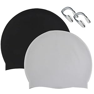 Zwemmuts, Unisex Badmuts van Silicone, Set van 2-One met Neusclip, 100% Siliconen – Antislip – Hypoallergene – Ripstop, Zwemmenmuts voor Vrouwen, Mannen, Meisjes Jongens & Tieners met Lang Krullenhaar
